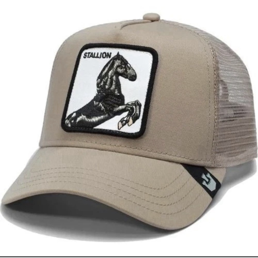 Goorin Bros The Farm Stallion Trucker Hat Tan Horse Patch Mesh Snapback Cap